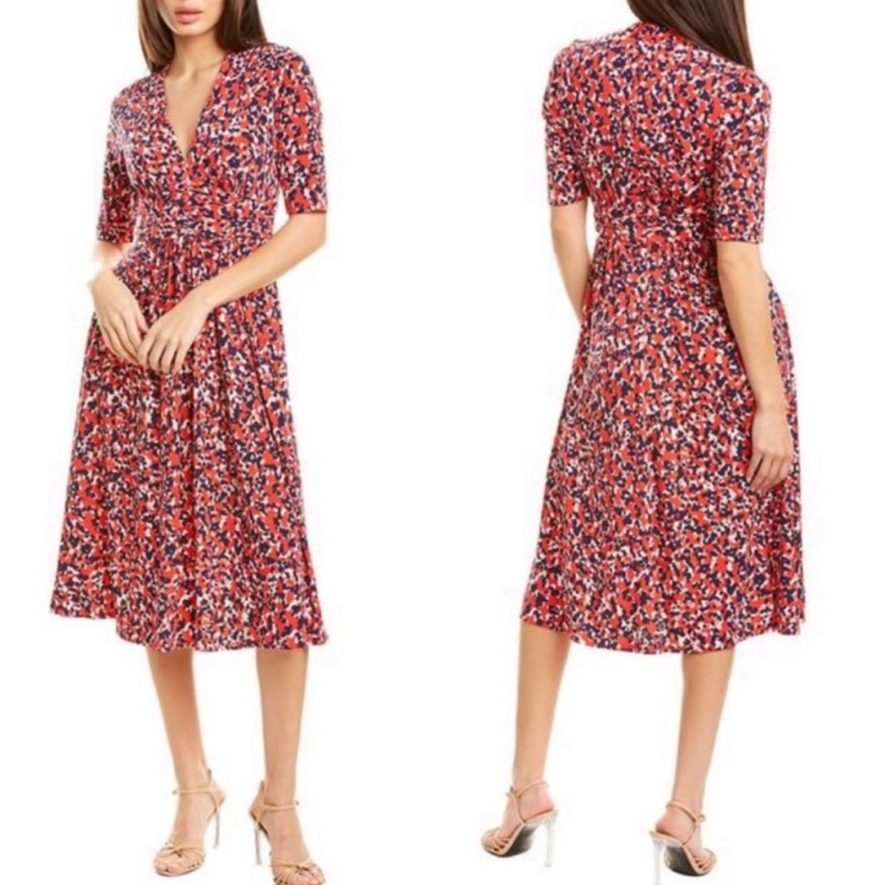 Vince Camuto women’s red / blue multicolor v neck short sleeve midi dress PETITE